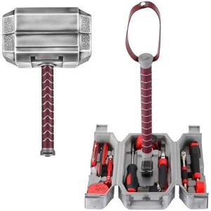 TOKKOT Thor Hammer Tool Box, 28pcs Multifunctional Home Repair Tool Set Excellent Hand Tool Novelty Gift for Men as Father's Day Prop Hammer (Silver)