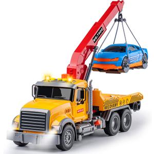 haomsj Big Tow Trucks Toy Trucks with Hook and Car for Boys Pull Back Truck Toys with Light and Sound for Kids (1:18 Plastic Tow Truck)