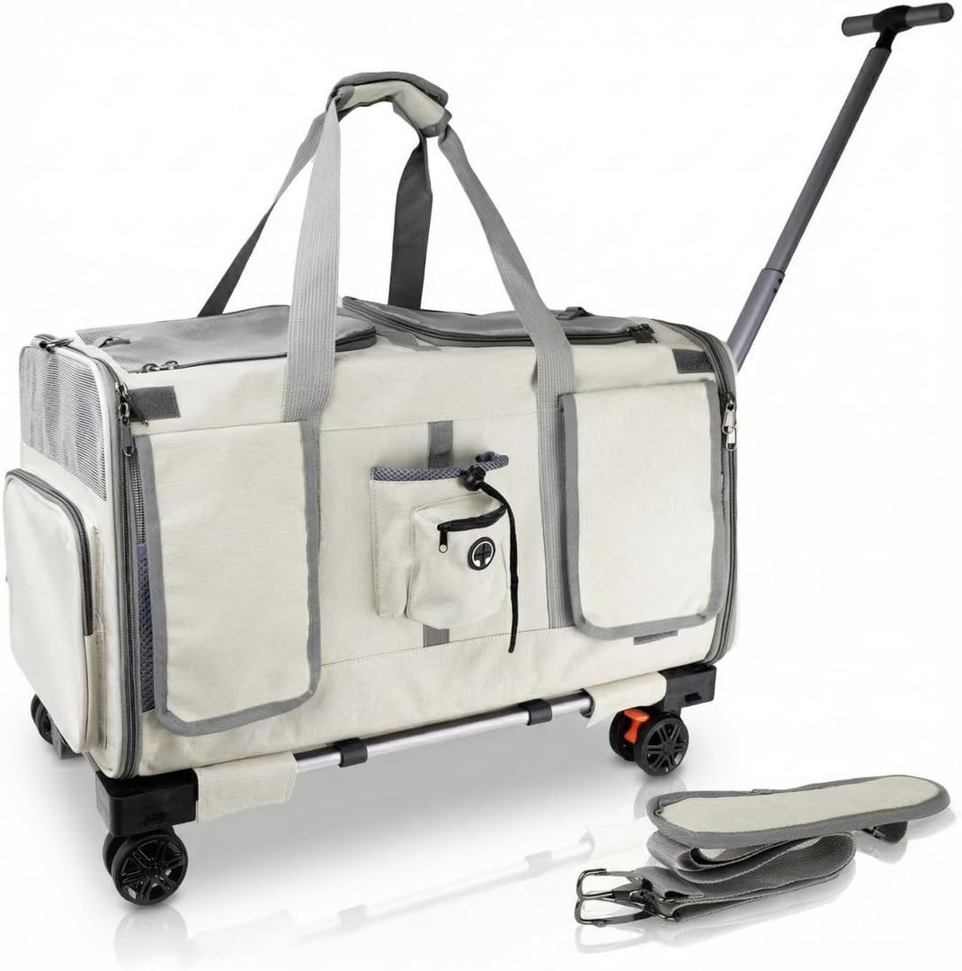Bee Neat Rolling Pet Carrier with Wheels for Medium Dogs & Cats, Soft-Sided Airline Friendly Travel Carrier 23.6 x 15.3 x 17 in, Portable Pet Carrier for Vet Visits, Travel & Everyday Use