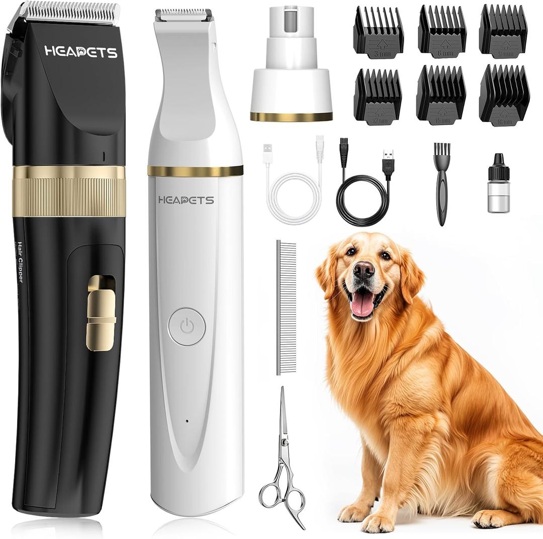 HEAPETS Dog Hair Clippers for Grooming Kit and Dog Paw Trimmer Nail Grinder for Grooming, Low Noise Rechargeable Cordless, Shaver Grooming Supplies for Pet Cats Dogs (Black, White)