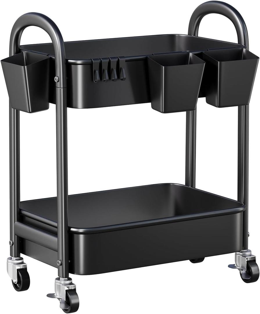 2 Tier Rolling Cart Metal, Two Tiered Short Storage Side Table with Wheels, Under Desk Mobile Trolley on Wheels, Small Utility Organizer Carts for Craft, Baby, Bedside, Office, Kitchen, Black Basket