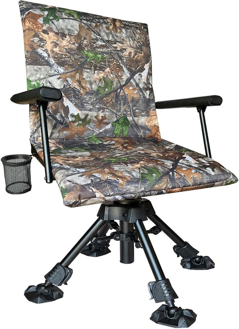 Silent Swivel Stable Portable Ground Folding Outdoor Camping Fishing Hunting Blind Chair Seat with Cover, 4 Legs Adjustable Height (Camouflage)