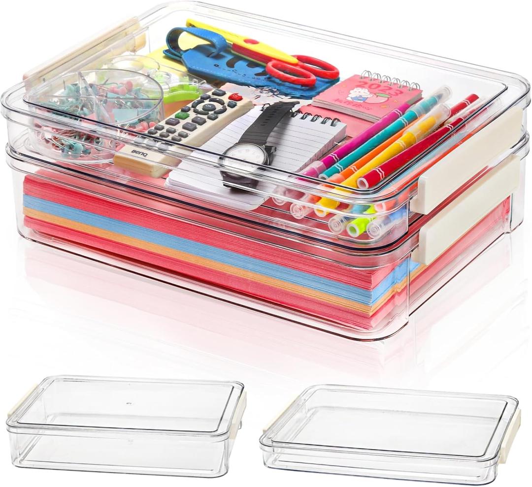 Goaste 2 Pack Acrylic Portable Project Case, 13.5 Inch Clear Scrapbook Paper Storage Box, Translucent Plastic Stackable Storage Bins Document Holder, A4 File Protector Container for Office School