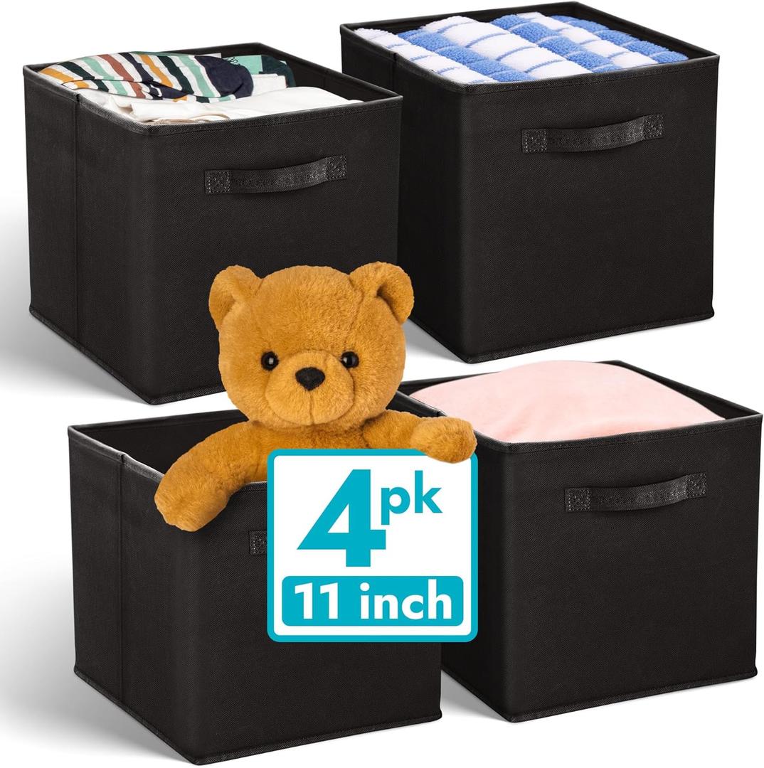 Reli. 11 Inch Cube Storage Bins (4 Pack) | Cube Organizer Bins | 11x11 Fabric Storage Boxes | Collapsible, Foldable Fabric Cubby Box (Square) | Kids Room Organization (Black)