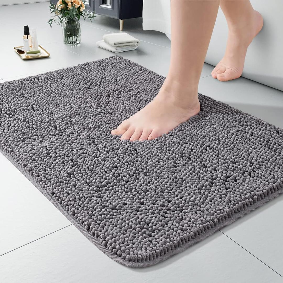 LOCHAS Luxury Bathroom Rug Shaggy Bath Mat 24 x 17 Inch, Washable Non Slip Bath Rugs for Bathroom Shower, Soft Plush Chenille Absorbent Carpets Mats, Gray (Grey)