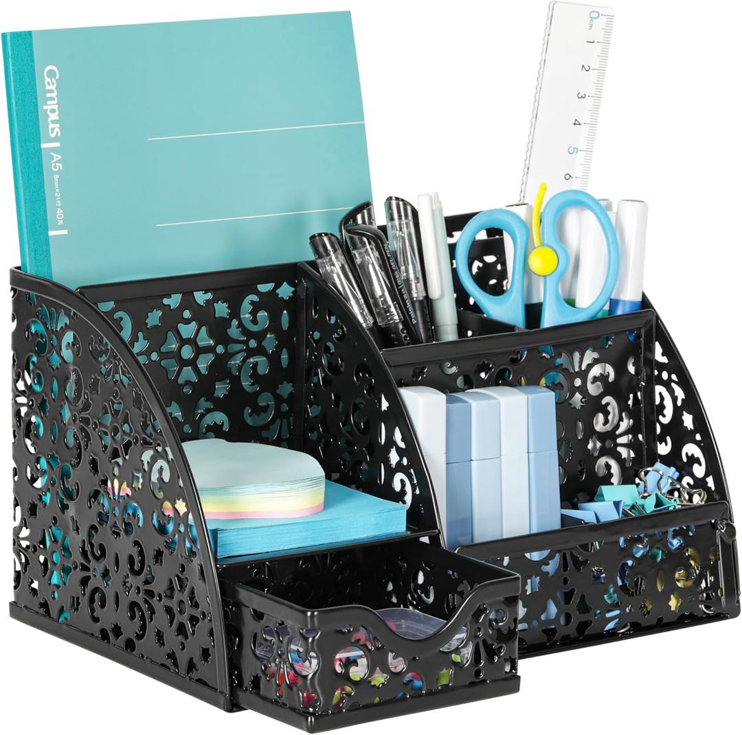 EasyPAG Elegant Floral Desk Organizer with Sliding Drawer - 6 Compartments Metal Desktop Caddy, Decorative Hollow Flower Design, Anti-Scratch Pads for Home, Office, School, Black (Z Style, Black)