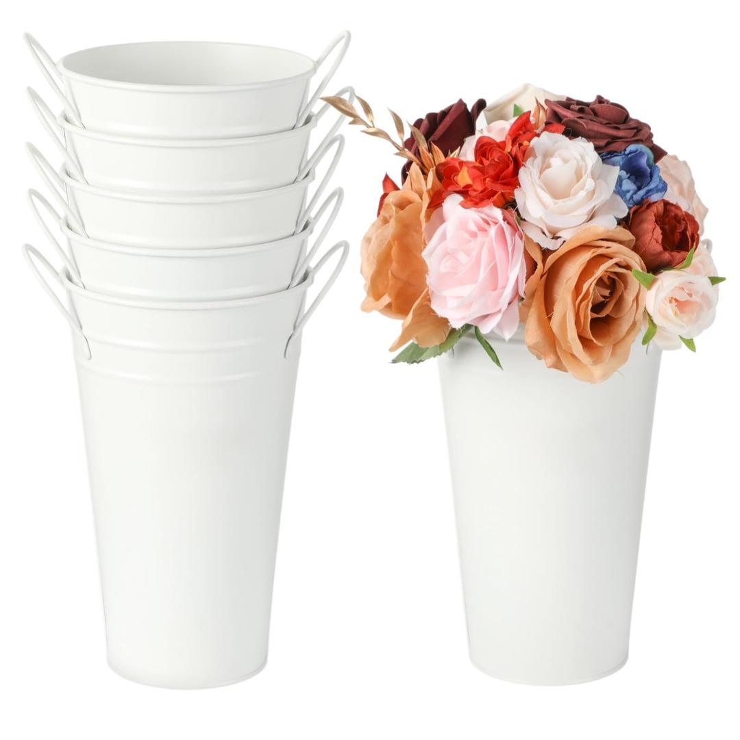 6 Pcs White Flower Buckets, Galvanized Metal Vases,7.9 Inches Flower Vase with Handles, French Flower Bucket，Rustic Farmhouse Vases for Home Decor Wedding Table Centerpiece