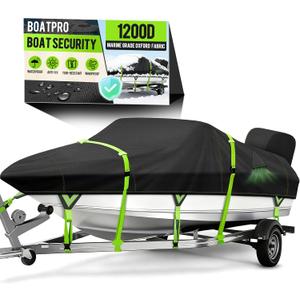 Boatpro 1200D Waterproof Boat Cover with Motor Cover, Solution-Dye Marine Canvas Trailerable Boat Cover 14-15.8ft for 14 feet 15ft 16' Foot V-Hull Bass Boat Tri-Hull Runabout Boat,Deep Black, Length: 14'-16', Beam Width: up to 90"