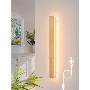 Modern Plug in Long Wall Sconce 23.6 LED Bamboo Wall Lights 18W Long Strip Indoor Wall Lamp 3000K with 6.5FT Plug in Cord and On/Off Switch on The Cord for Living Room Hallway Stairwell (Wood)