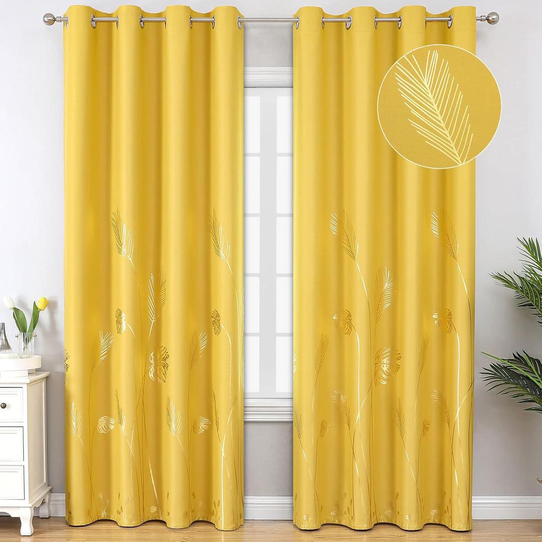 Estelar Textiler Yellow Blackout Curtains for Bedroom, Room Darkening Gold Palm Tree Pattern Curtains 84 Inches Long, Light Blocking Thermal Insulated Window Drapes for Living Room, 52Wx84L, 2 Panels
