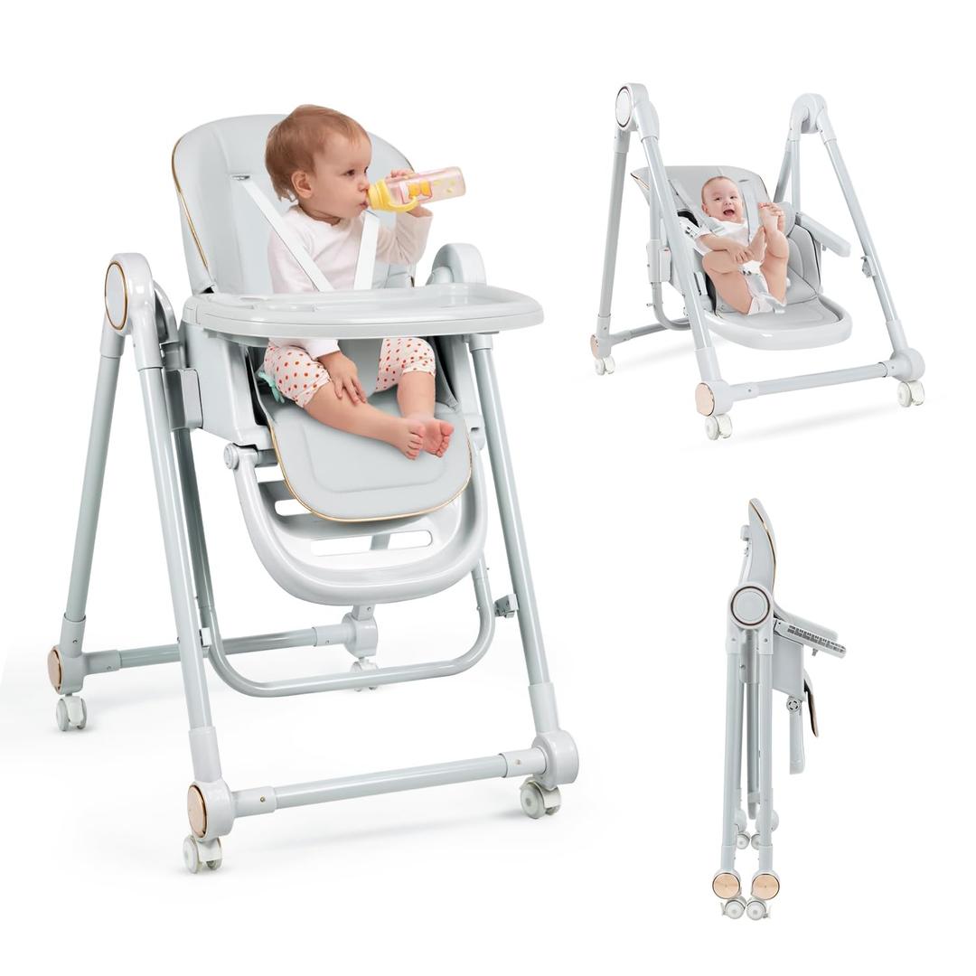 High Chairs for Babies and Toddlers, Portable Baby Swings for Infants with 5 Point Harness,High Chair with Wheels Adjustable Height & 6-Position Backrest (Dark grey)