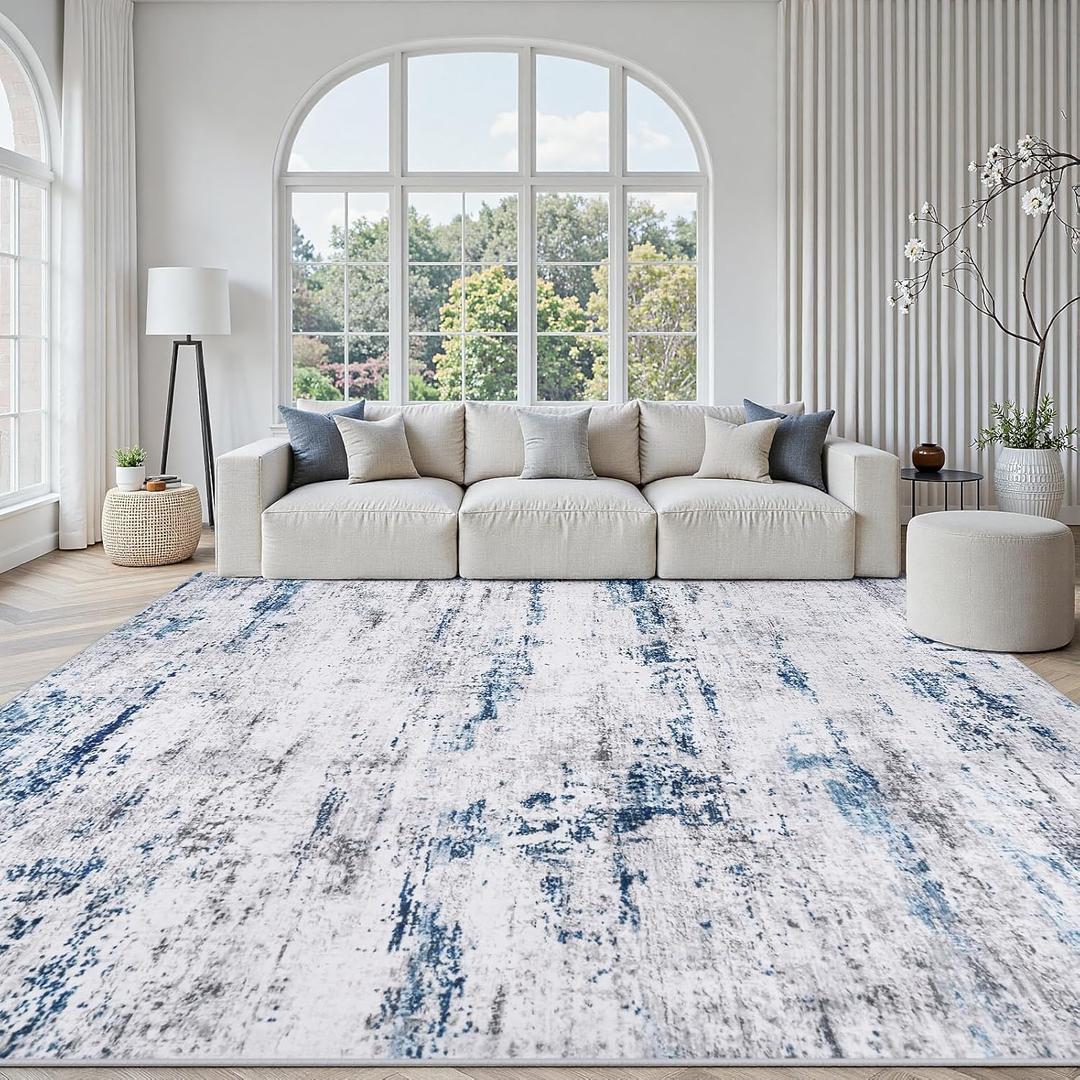 Area Rug Living Room Rugs: 9x12 Large Soft Indoor Carpet Modern Abstract Rug with Non Slip Rubber Backing for Under Dining Table Nursery Home Office Bedroom White Gray Blue