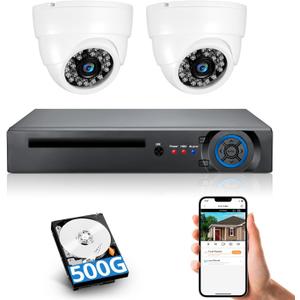 Fuers 8CH H.265+ Surveillance Security Camera System with AI Human Detection, 2 x 2592TVL 5MP Wired IP66 Dome Cameras for Indoor Use, 500G Hard Drive Included,Email Alert,Mobile APP & PC Remote
