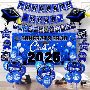 Graduation decorations class of 2025,graduation backdrop sign, Congrats grad banner, Hanging Swirls, Blue grad balloons for men women graduation party decorations, Blue