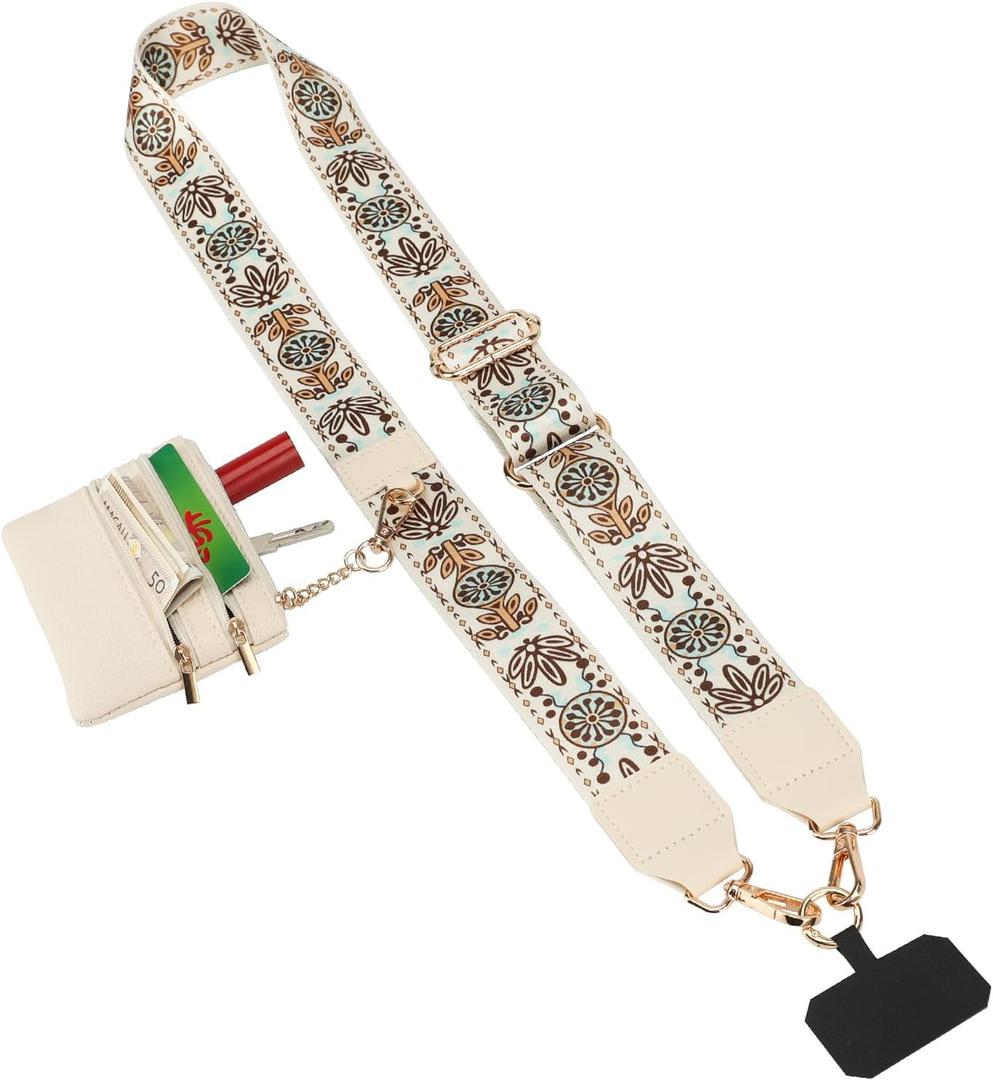 Cell Phone Strap Crossbody, Detachable Cellphone Lanyard with Wallet, Hand Free Adjustable Body Strap for Phone (White)