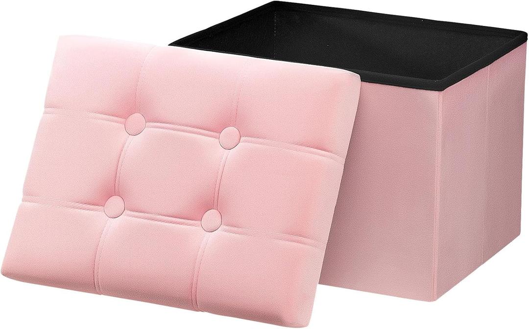 AmasSmile Storage Ottoman Foot Rest Stool, 17 inches Velvet Footstool Bench, Short Ottoman Stool, Small Folding Blanket Ottomans Store Books, Records, Pink, 17"D x 13"W x 13"H