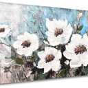 Magnolia Canvas Wall Art for Living Room White and Blue Flower Pictures Textured Floral Painting Bedroom Wall Decor 40x20 Inches