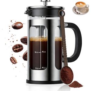 French Press Coffee Maker 34oz, Heat Resistant Thickened Glass Stainless Steel Brewer, Easy to Clean, 4-Level Filtration, Cold Brew Cafe/Tea Pot for Kitchen Camping Travel, Gifts, Bar