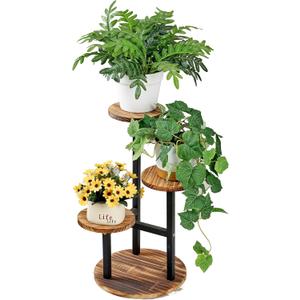 VECELO 3 Tier Plant Stand Indoor Outdoor, Tall Metal Wood Flower Shelf for Multiple Plants, Small Tiered Round Corner Display Rack, Planter Pot Holder for Patio Garden Balcony Living Room Bedroom