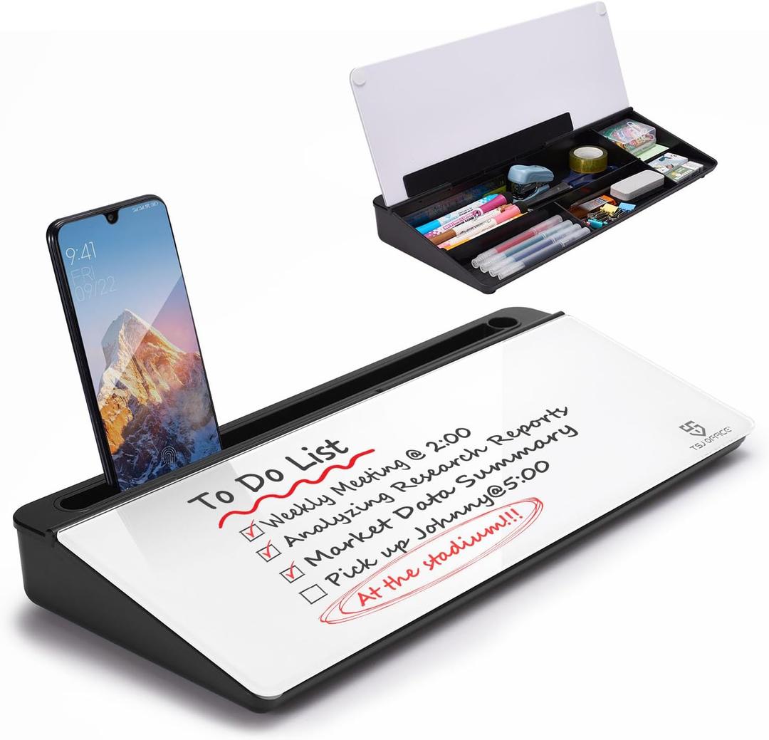 TSJ OFFICE Desktop Whiteboard Dry-Erase-Board - Computer Keyboard Stand White Board Surface Pad with Drawer, Desk Organizers with Accessories for Office, Home, School Supplies - Black