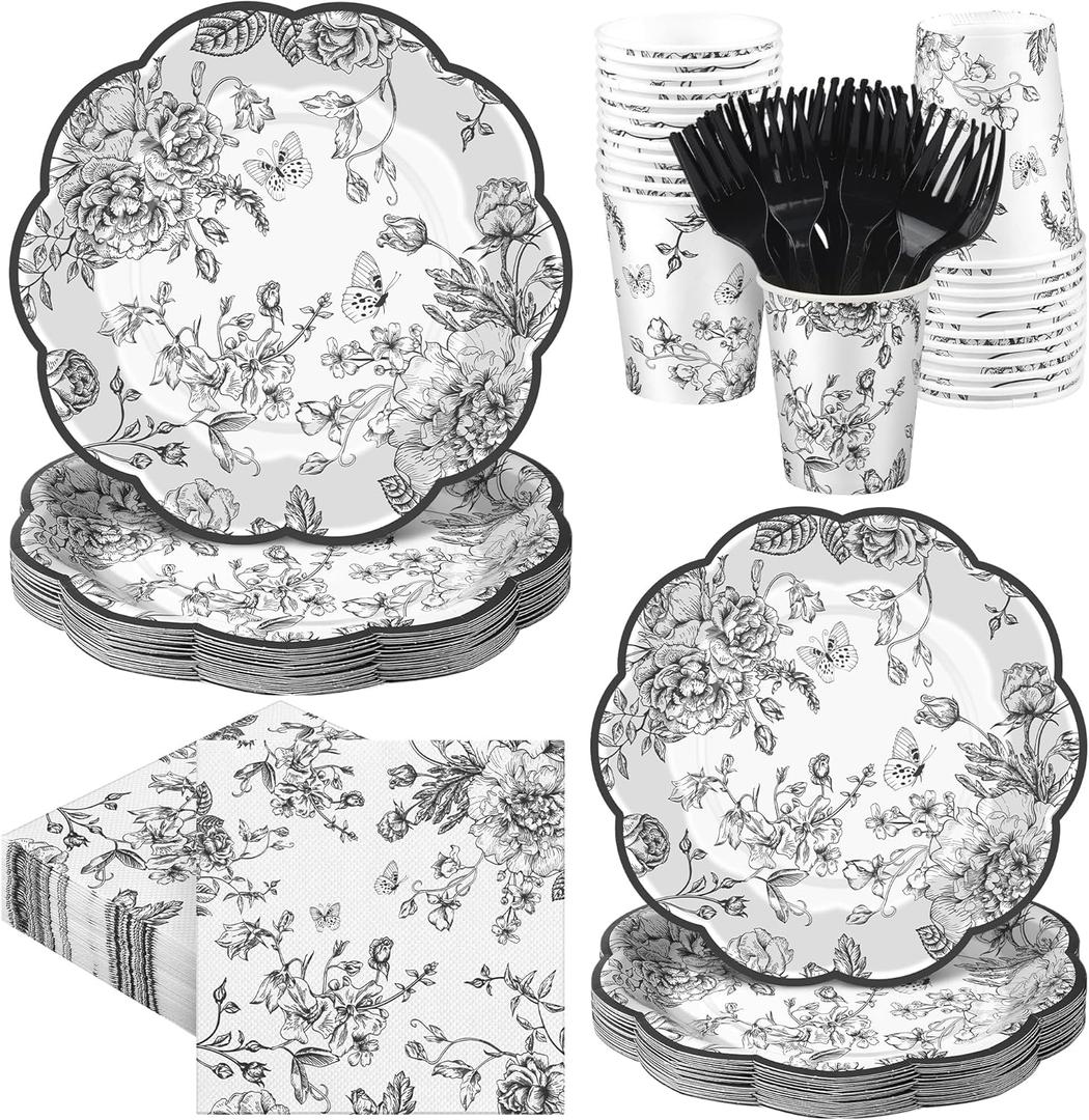 Kochorie 144 Pieces Black Floral Paper Plates and Napkins Party Supplies, Black and White Flower Tableware Set Include Vintage Scalloped Plates Napkins Cups Forks for Wedding Birthday Tea Party