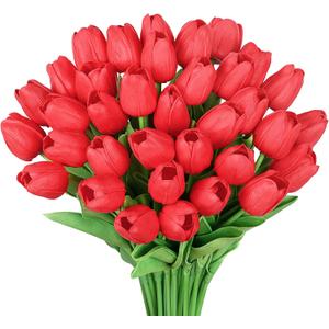 Bassion 30 Pcs Red Fake Tulips Artificial Flowers for Decoration, Real Touch PU Faux Tulips Flowers Arrangement Artificial Plants Indoor for Home Decor Wedding Mother's Day Spring Easter Decorations