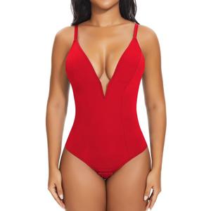 SHAPERIN Women's Deep V Neck Cami Bodysuit Plunge Double Layer Tummy Control Shapewear Thong Body Suits (Small, Red)