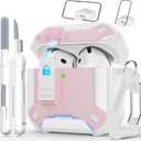 RFUNGUANGO Compatible AirPods 4th Generation Protective Case with Phone Holder and Compatible Back Magnetic Suction Function, Suitable for AirPods 4th Case-White + Pink