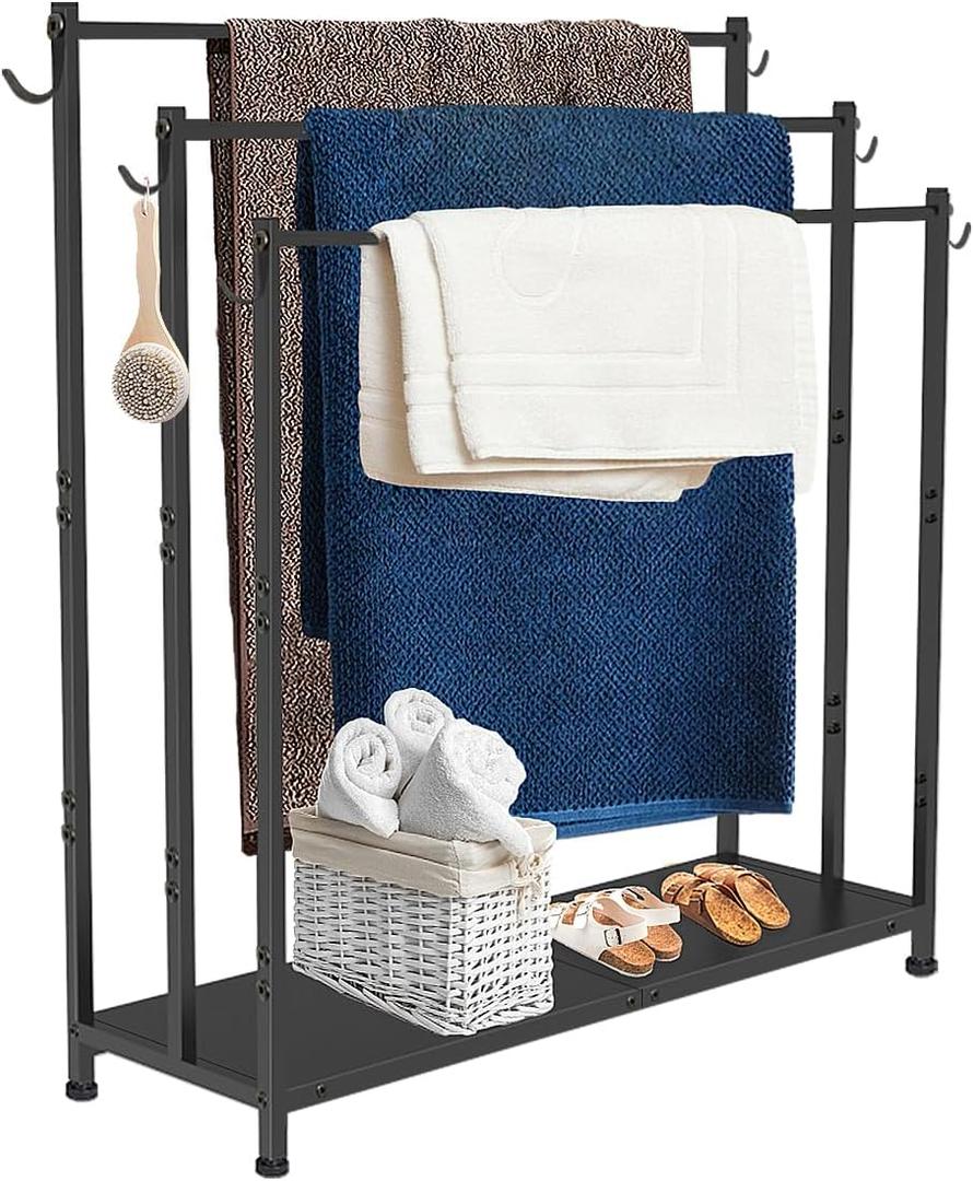 Extra Large Free Standing Towel Rack with Metal Storage Shelf & 6 Hooks for Bathroom, 3 Tiers Heavy Duty Blanket Drying Stand Holder for Outdoor Pool, Bedroom, Living Room, Black