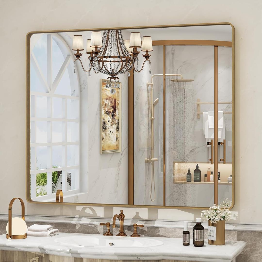 40x36 Gold Framed Mirror for Bathroom, Brushed Gold Brass Bathroom Mirror, Rectangle Gold Bathroom Vanity Mirror for Wall, Shatterproof, Anti-Rust, Hangs Horizontally or Vertically