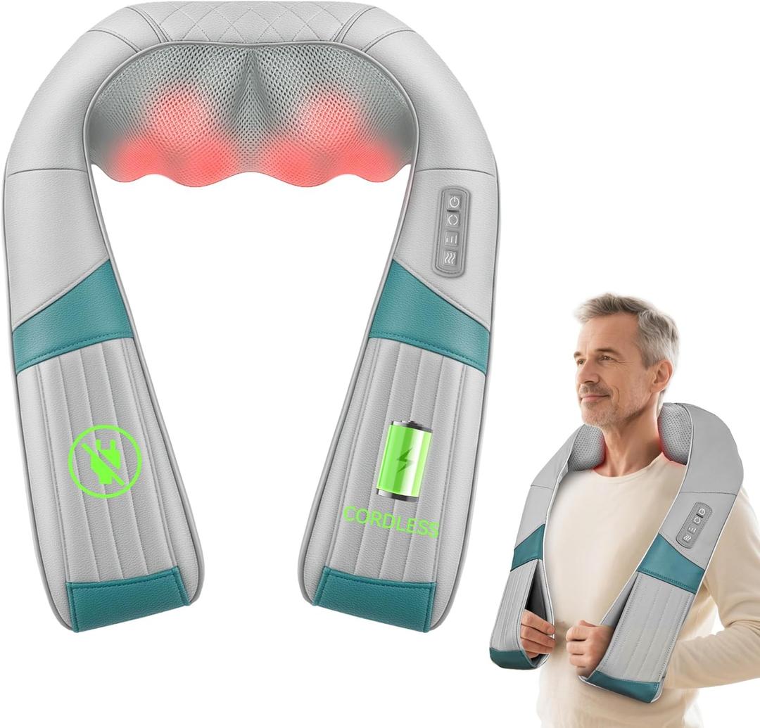 Cordless Neck Massager with Heat, Rechargeable Shiatsu Neck Back Massager for Pain Relief Deep Tissue, 4D Knead Shoulder Massager Pillow, with Portable Carry Bag, Gifts/Presents for Mom, Dad (Grey Green)