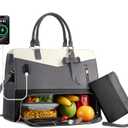 Lunch Tote Bag for Women 2 in 1 Laptop Work Bag with Lunch Insulated Compartment and Purse Combo Leather Crossbody Bag (Black Grey)