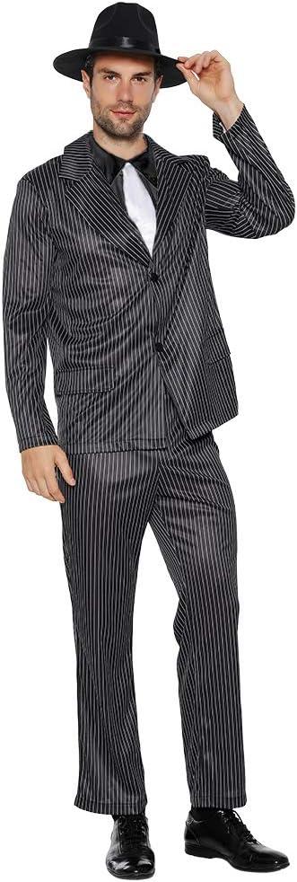 EraSpooky Men's 1920s Gangster Costume Wide Pin Stripe Suit Include Jacket Pants Shirt Front with Attached Necktie (Medium, Black2)