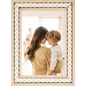 OMISHE Wood 4x6 Picture Frame with Decorative Beads for Wall Decor or Tabletop, Boho Rustic Handcrafted 4 x 6 Frame with Shatter Resitant Plexiglass, Distressed White