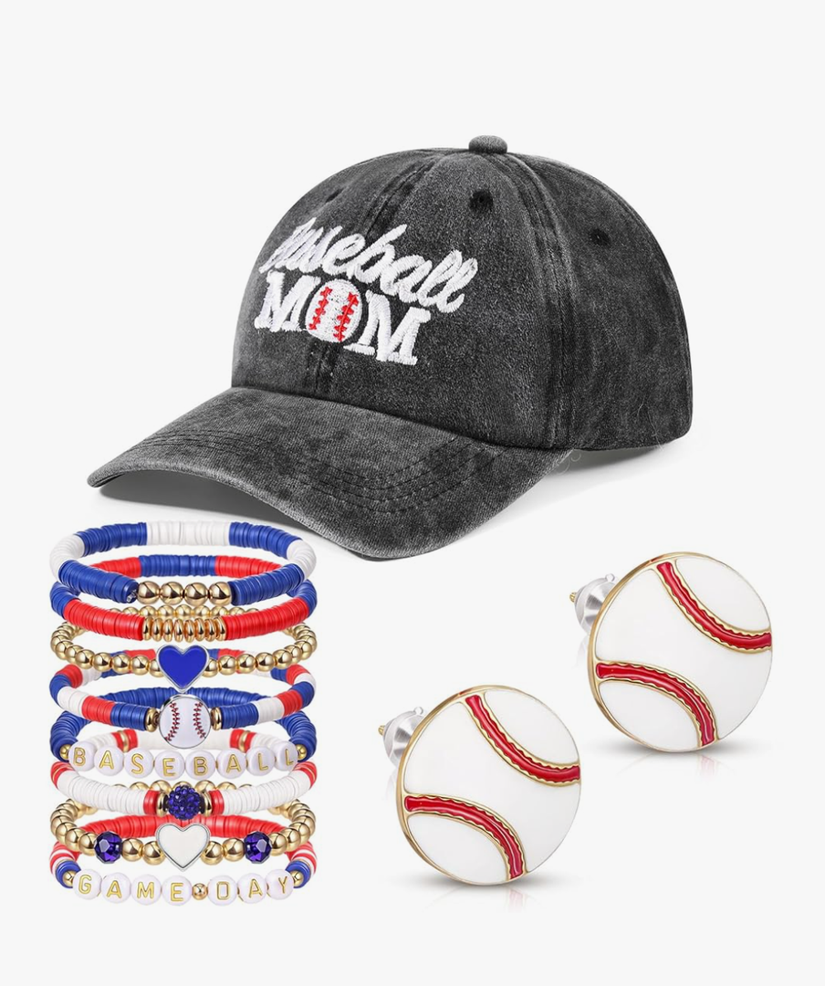 10 Pcs Baseball Mom Accessories, Mom Hat with 8 Pcs Stackable Beaded Stretch Bracelets and Earrings for Women Gift