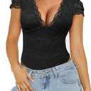 Saslax Women's Sexy Deep V Neck Lace Bodysuit Short Sleeve Double Lined Thong Body Suit for Going Out Date Night Club (Large, Black)