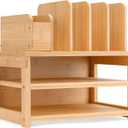 Homde Bamboo Desk Organizer with File Holder, Office Organization for Desks with Adjustable Pen Holding, Desktop Letter Paper Tray Storage for Workplace Home School (3-Tier,Natural)