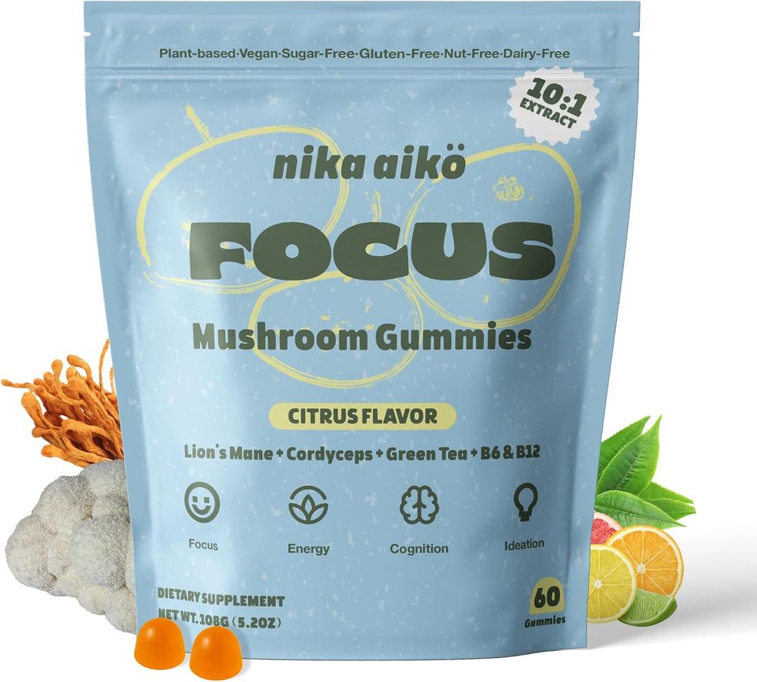 Focus Mushroom Gummies, Boost Brain Health, Productivity, Mental Clarity, Sugar-Free, Gluten-Free, Vegan with Lions Mane, Cordyceps, Green Tea & Multivitamin, Citrus Flavor, 60 Count, EXP 02/24/2027