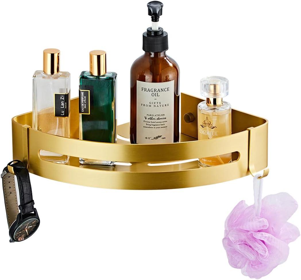Brushed Gold Bathroom Corner Shelf Wall Mount Shower Organizer Shampoo Holder with Hooks,Adhesive or Drilling