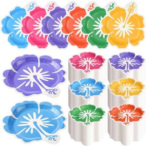 Domensi 100 Pcs Hawaiian Hibiscus Paper Plates Tropical Party Decorations Luau Dessert Plates Disposable Aloha Platters Party Supplies Dinnerware Tableware for Summer Beach Pool Table Decor