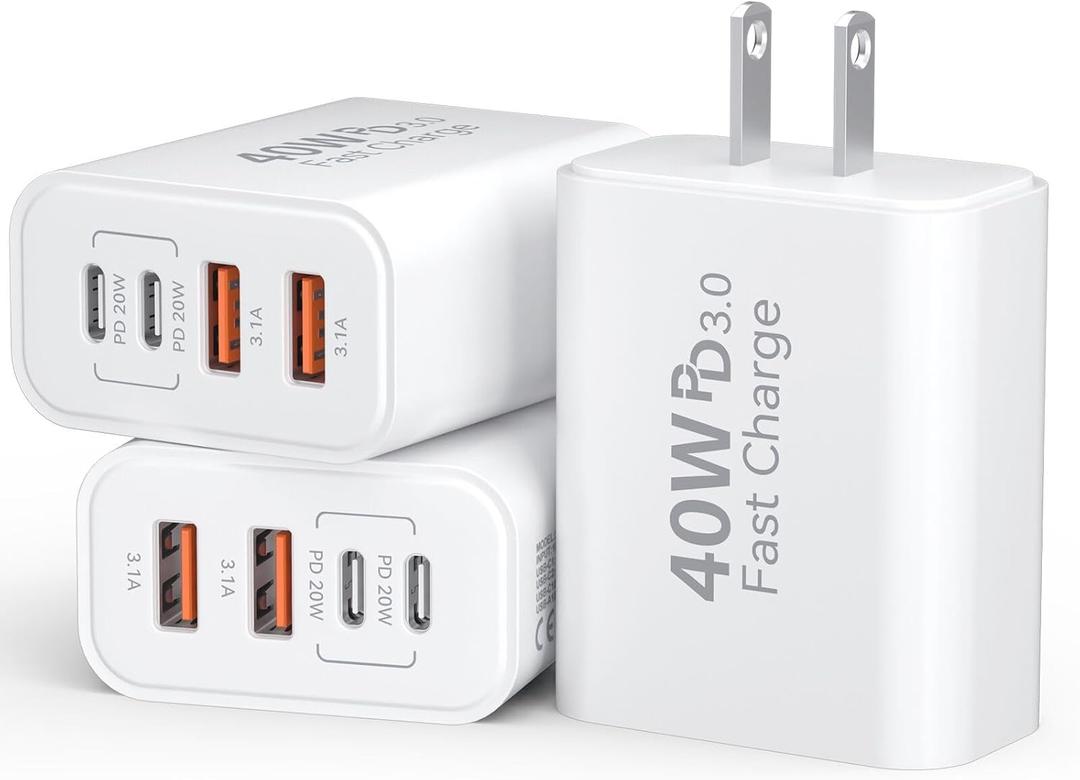 USB C Charger Block, 3Pack 40W 4 Ports Type C Fast Phone Charging Cubes PD 3.0 Wall Plug+ QC 3.0 USB A Charger Power Brick Box for iPhone 16/15/14/13/12/11 Pro Max, iPad, Galaxy, Pixel,White