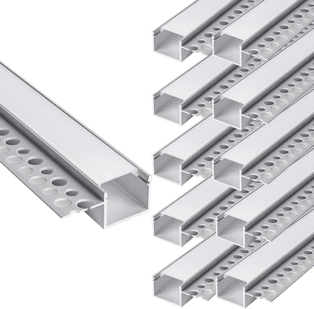 hunhun 10-Pack6.6ft/2Meter Drywall LED Aluminum Channel System with Milky Cover, End Caps and Mounting Clips, Aluminum Profile for LED Strip Light Installations (Single-Edge-6.6ft, 10)