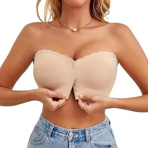 Sexy Code 1701 Strapless Front Closure Bra with Clear Strap Non-Slip Bandeau Seamless Non Padded Tube Top Bralette Beige S