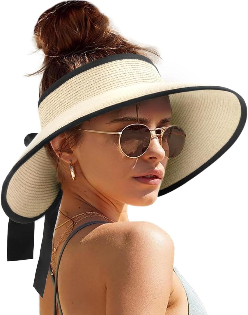 Camptrace Sun Visors for Women Wide Brim Beach Hat Foldable Straw Visor Hat Ponytail Summer Packable UPF 80+ (One Size, Beige)