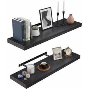 Lufia Floating Wall Shelves, Set of 2, MDF with Invisible Brackets, Modern Storage for Bedroom, Bathroom, Living Room, Kitchen (Black, 24" W x 7" D x 1.5" H (2 Pieces))