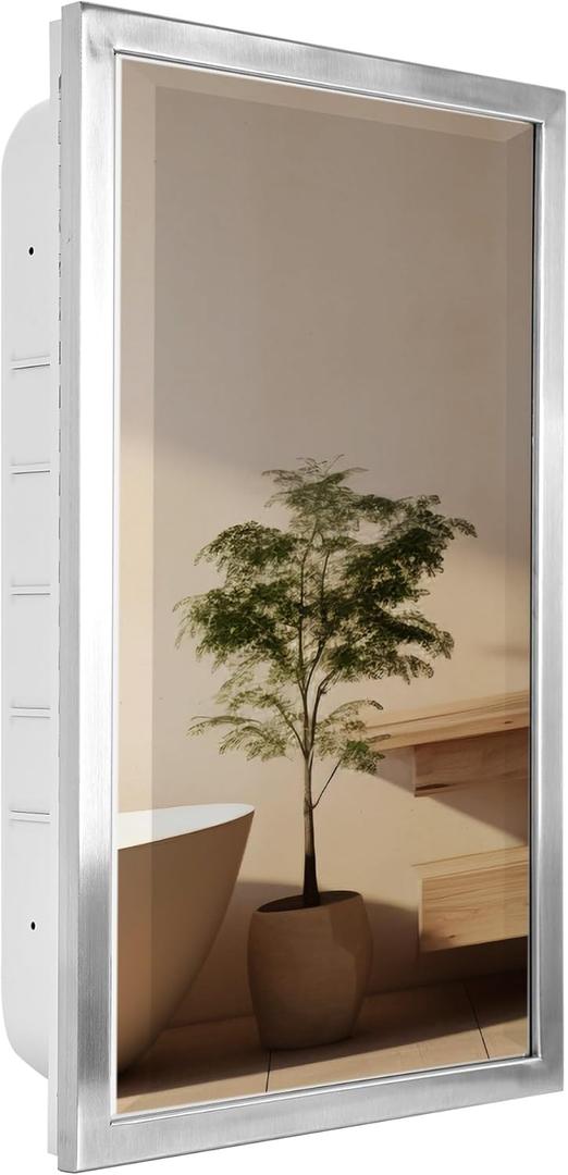 Head West Brushed Nickel Recessed Medicine Cabinet with Beveled Mirror, Bathroom Wall Mount Storage Organizer with Glass Shelves - 16" x 26"