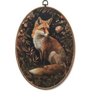 Yorhifa Vintage Moody Fox Framed Wall Art, Dark Cottagecore Oval Wall Art, Rustic Forest Wildlife Animal Oval Walls Decor, Moody Floral Botanical Fox Canvas Artwork Hanging Decor, 8.5x11.5in