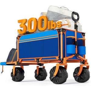 300lbs Extra Long 49" L Beach Wagon with Big Wheels for Sand, Collapsible Utility Beach Cart Heavy Duty Folding Wagon,Ideal for Outdoor Sand Camping Garden Pet