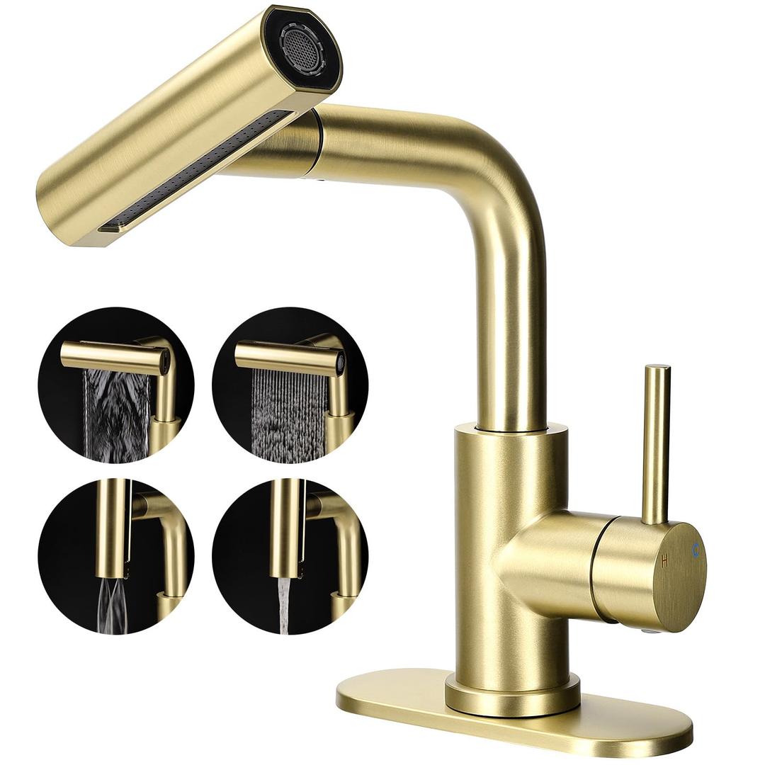 Bathroom Sink Faucet with 4 Mode Pull Down Sprayer, Brushed Gold Single Handle Pull Out Faucet with Pop-Up Drain, 1 or 3 Hole Laundry Bar Basin Faucet with Deck Plate