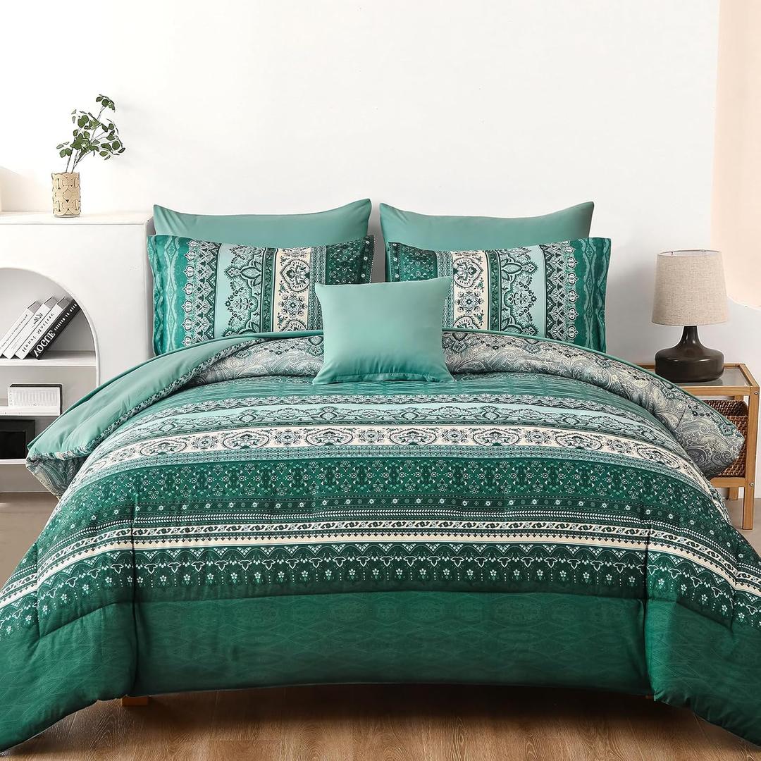 Cottolester Boho Comforter Set Queen Size,8 Pieces Teal Green Bohemian Striped Bed in a Bag,Paisley Soft Microfiber Bedding Comforter Set